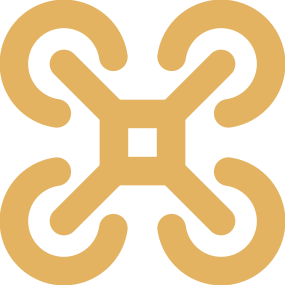 Illustration of a stylized, symmetrical geometric pattern in gold and black.