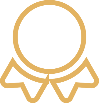 Gold medal with a circular shape and a ribbon at the bottom.