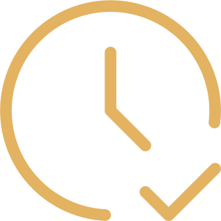 A gold clock showing 11:10 with a checkmark below the clock face.