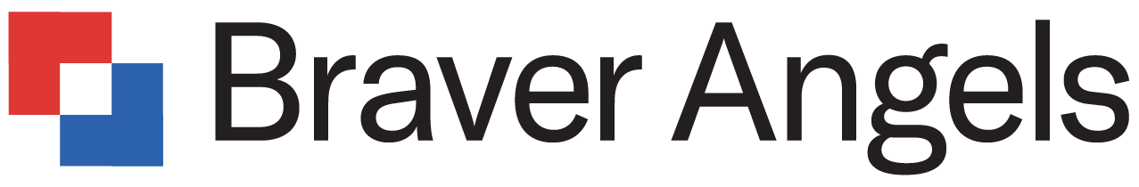 Logo of Braver Angels with red, white, and blue squares and black text
