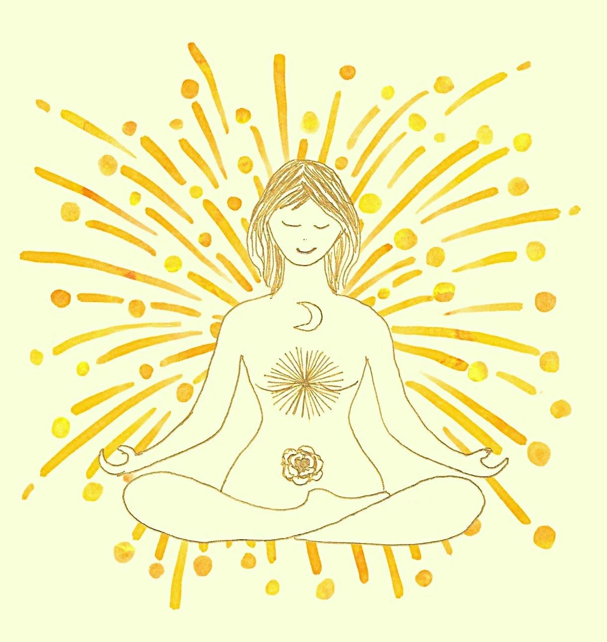Illustration d'une femme méditant en position de lotus, avec des symboles spirituels comme la lune, le soleil, et un lotus, entourée de rayons dorés et de points lumineux.