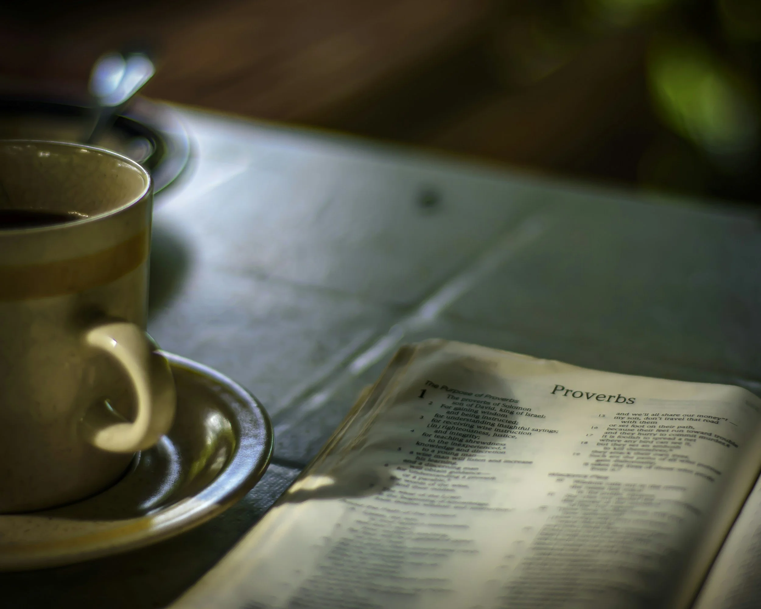 A close-up of a ceramic coffee cup on a saucer, with a spoon resting on the saucer, in front of an open book on a table, with a background that appears to be a wooden surface and blurred greenery.