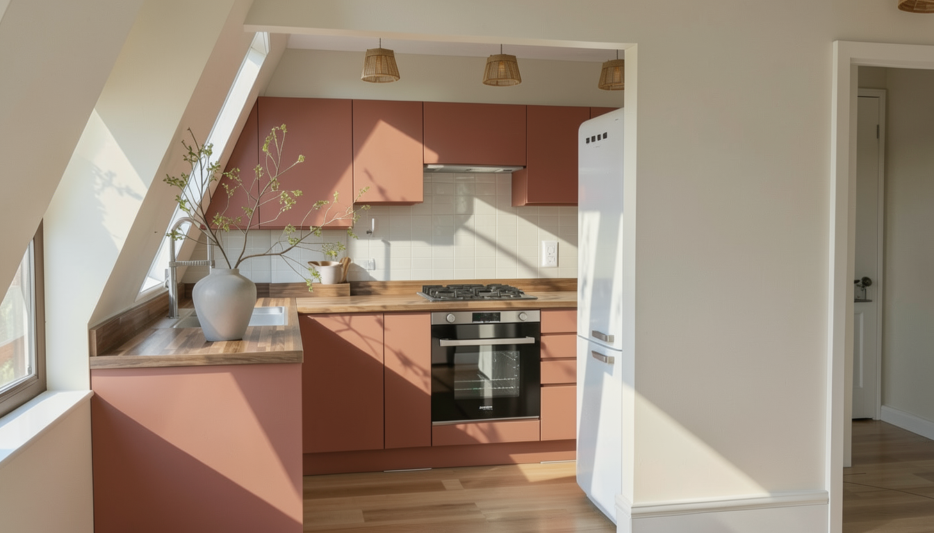 A modern handle-less kitchen with terracotta toned cabinets, solid wooden countertops, and a white retro style refrigerator. A large vase with green branches sits on the counter next to a window, allowing sunlight to cast shadows.