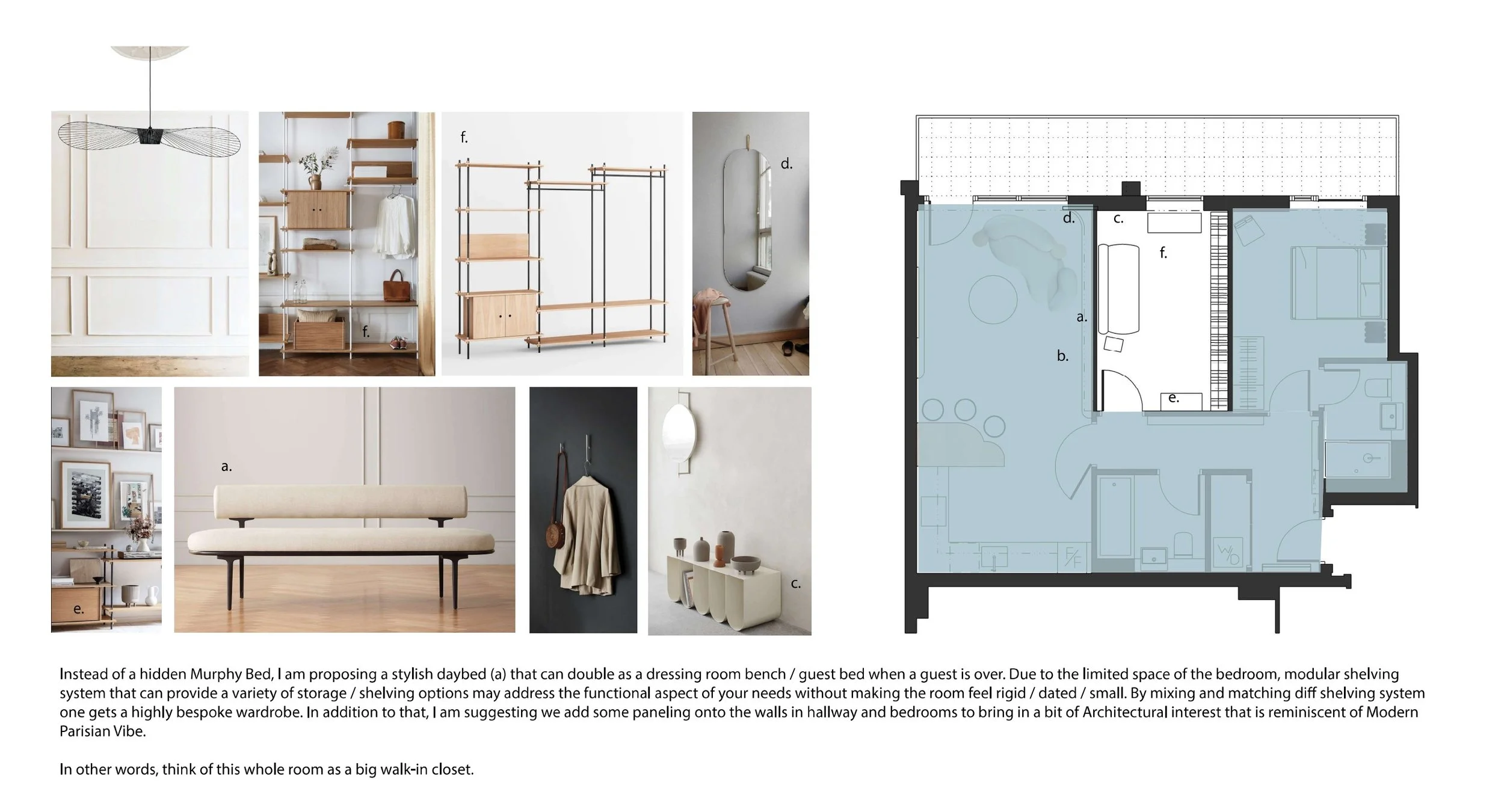 An interior design plan for a bedroom showing a modular storage system that can double as a daybed, with a floor plan detailing room layout and furniture placement, emphasizing a minimalist style with natural wood and white decor.