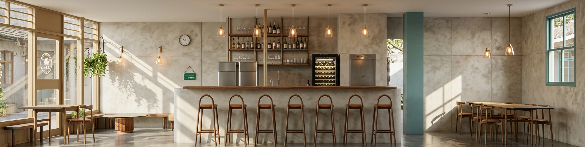 Modern café interior with a bar counter, wooden bar stools, tables, and chairs. Natural light from large windows, pendant lights, and a wall clock. Potted plants by the door. Bepoke bar design, retro Taiwanese interiors and vibe.