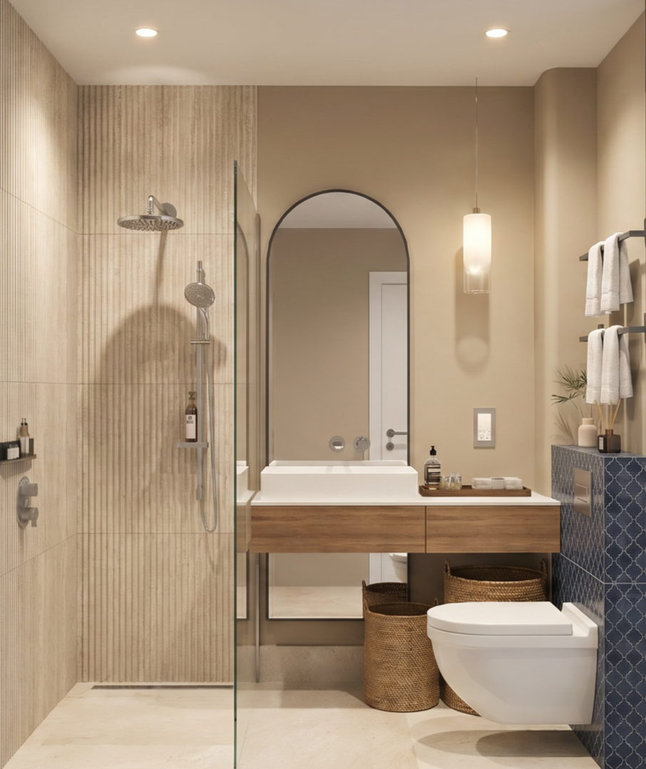 Modern bathroom with beige and blue tile accents, walk-in shower, wooden vanity with a sink, large mirror, hanging pendant light, wall-mounted toilet, and towels on a rack.