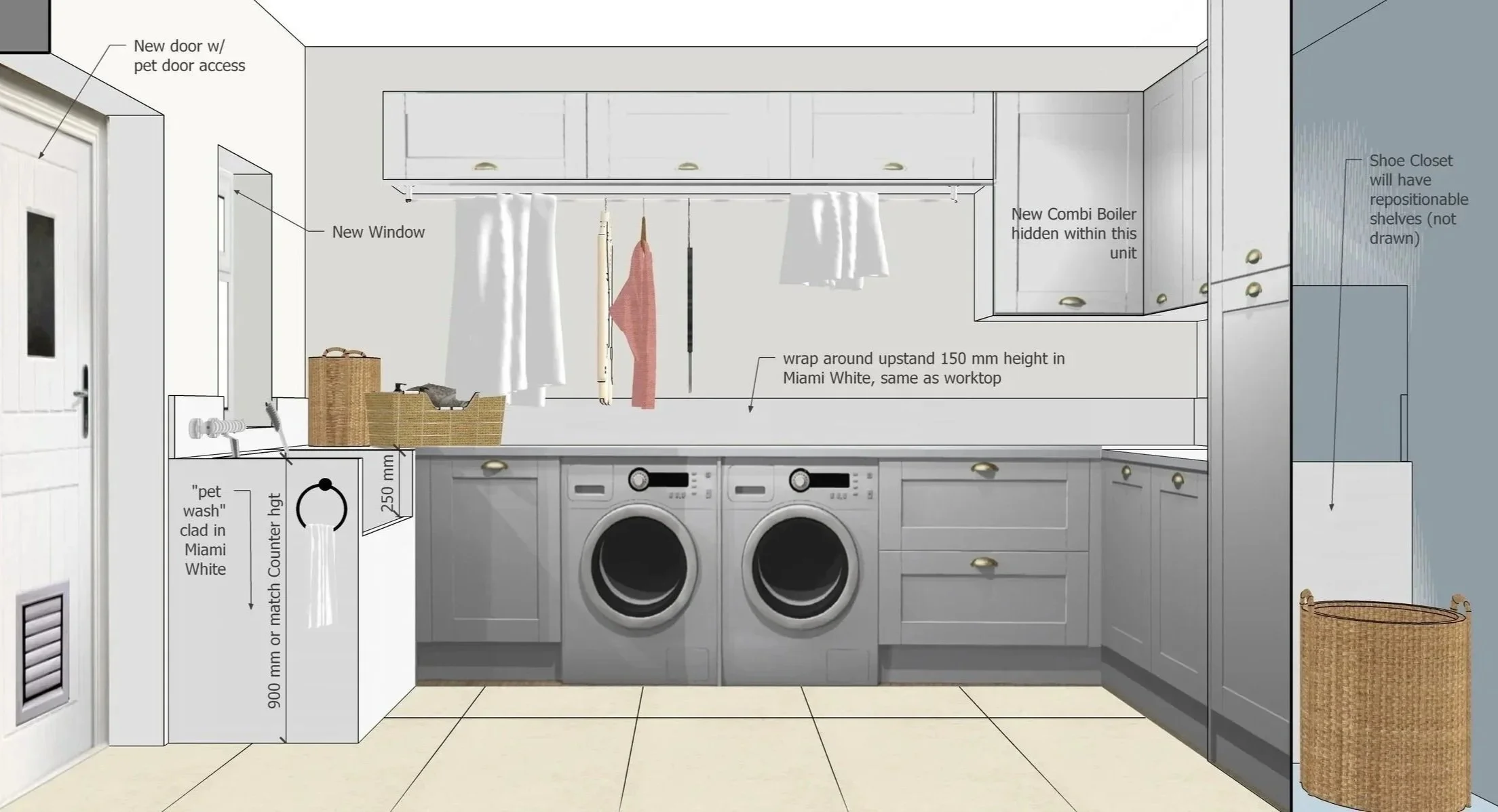 Design section elevation of a walk-in laundry room with cabinets, a washer and dryer, a window, and labeled features including a pet wash area, new door with pet door access, new window, and a concealed combi boiler.