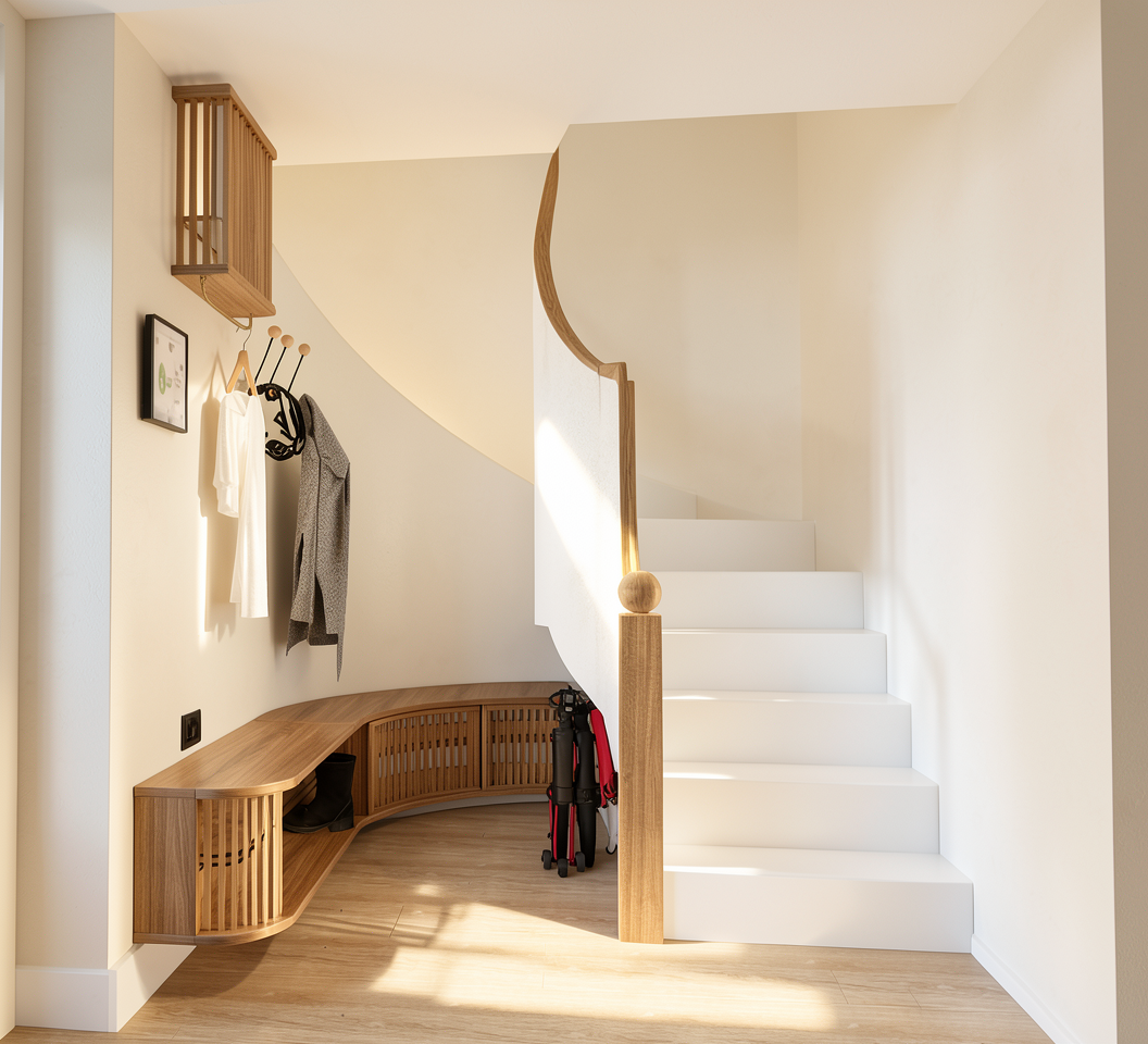 Interior corner view of a modern staircase with white stairs and wooden railing, a curved complete bespoke walnut bench that doubles as a storage is wall hung which fits perfectly into this unique space.