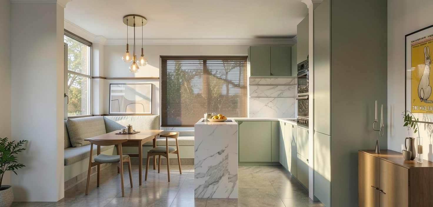 A modern open plan kitchen and dining booth design that aims to maximize usage in a rather small space, but the natural light makes the space feel spacious with an abundance of natural light