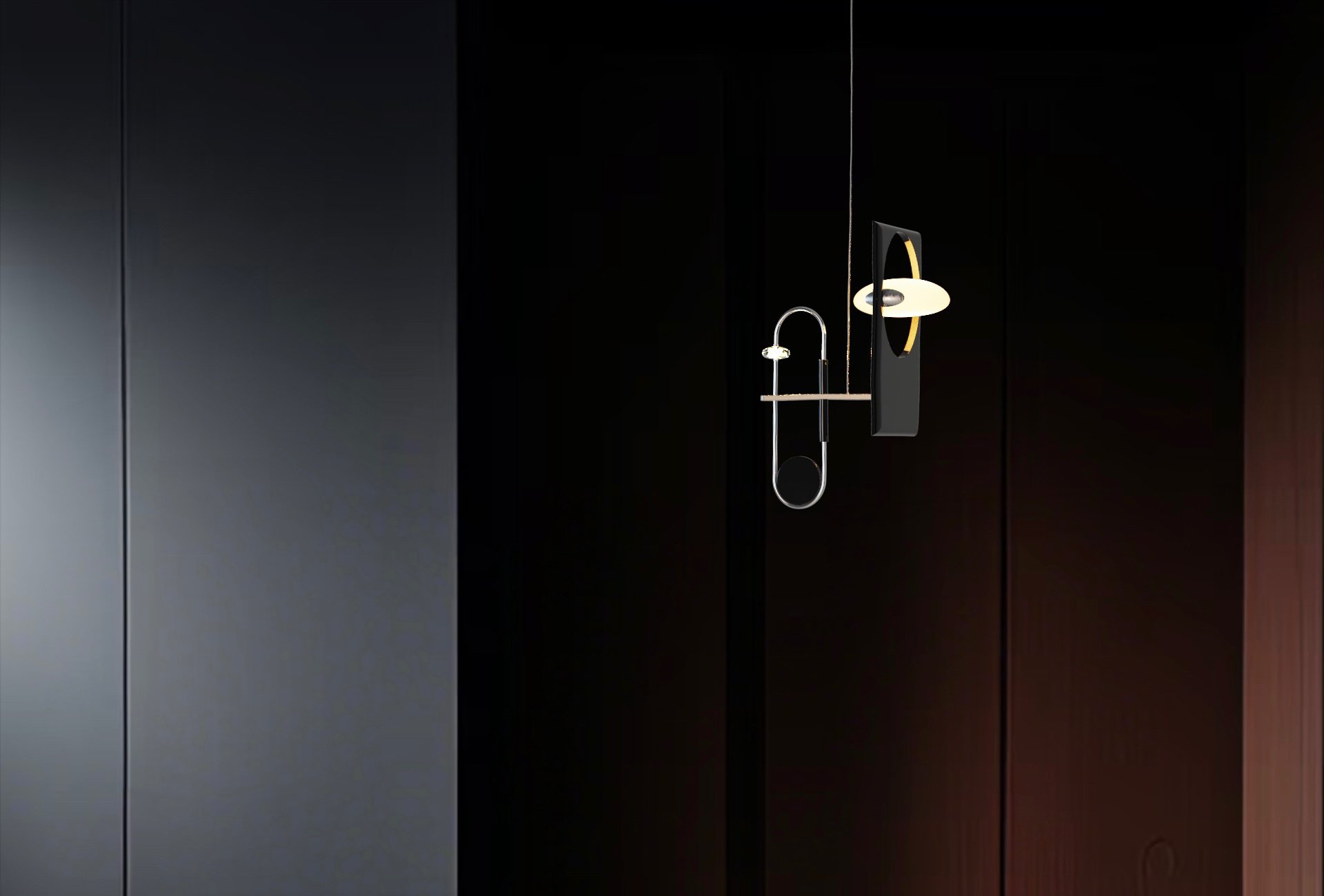 Modern lighting fixtures mounted on a dark wall, featuring a combination of black, white, and metallic elements with a minimalist design.