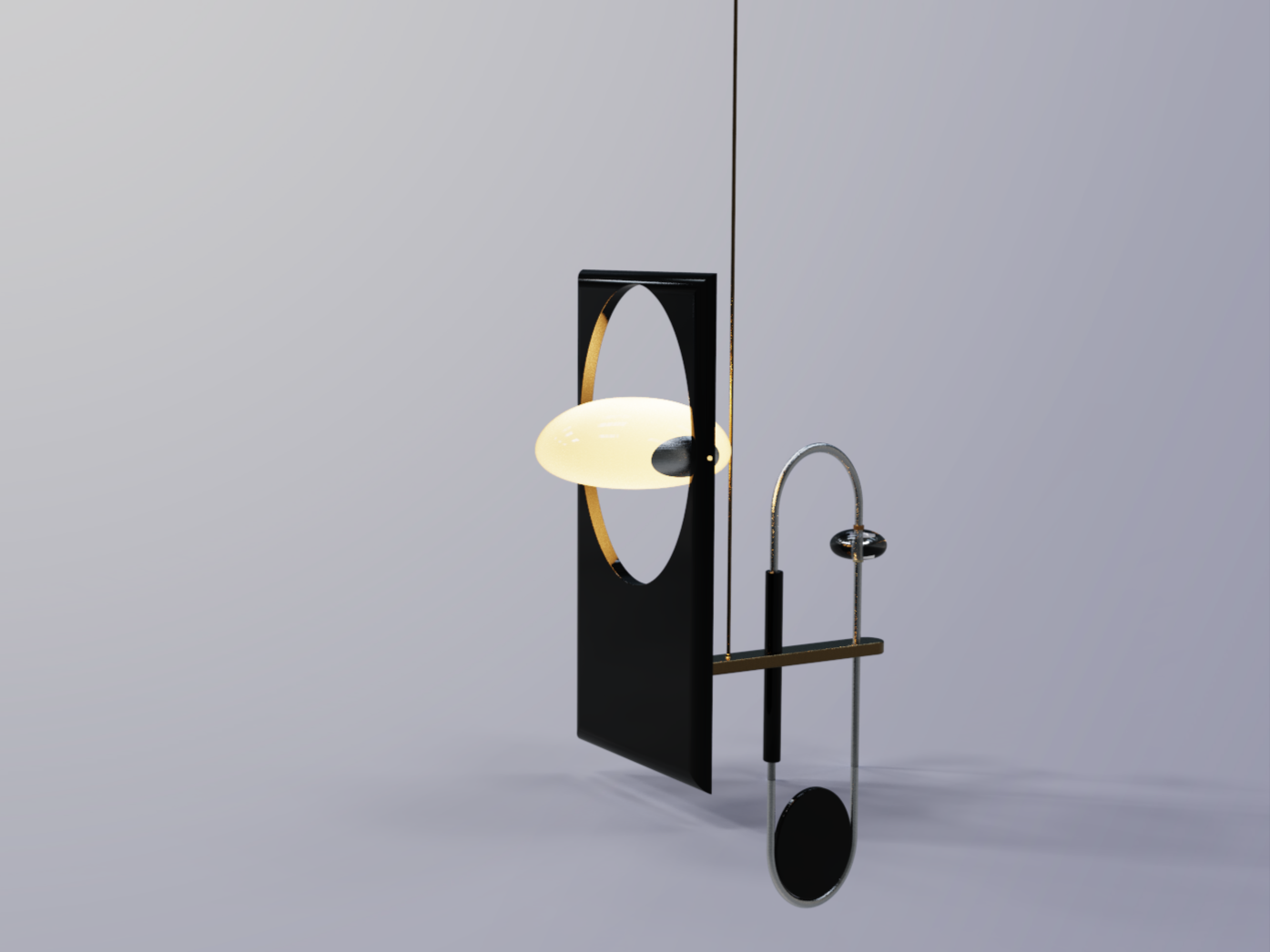 Modern minimalist black and gold sculpture with a glowing oval-shaped element and circular mirror, featuring metal rods and flat surfaces against a neutral background.