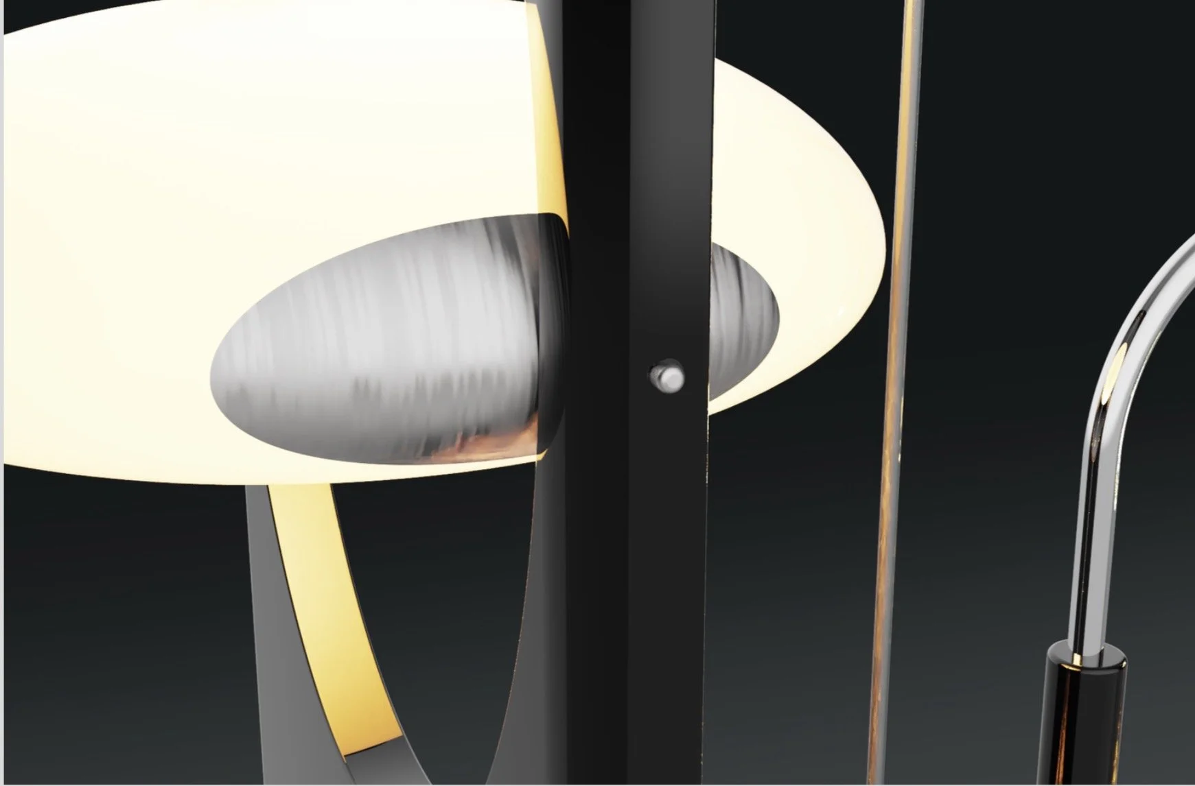 Close-up of a modern desk lamp with a cream-colored lampshade and a metallic arm against a dark background.