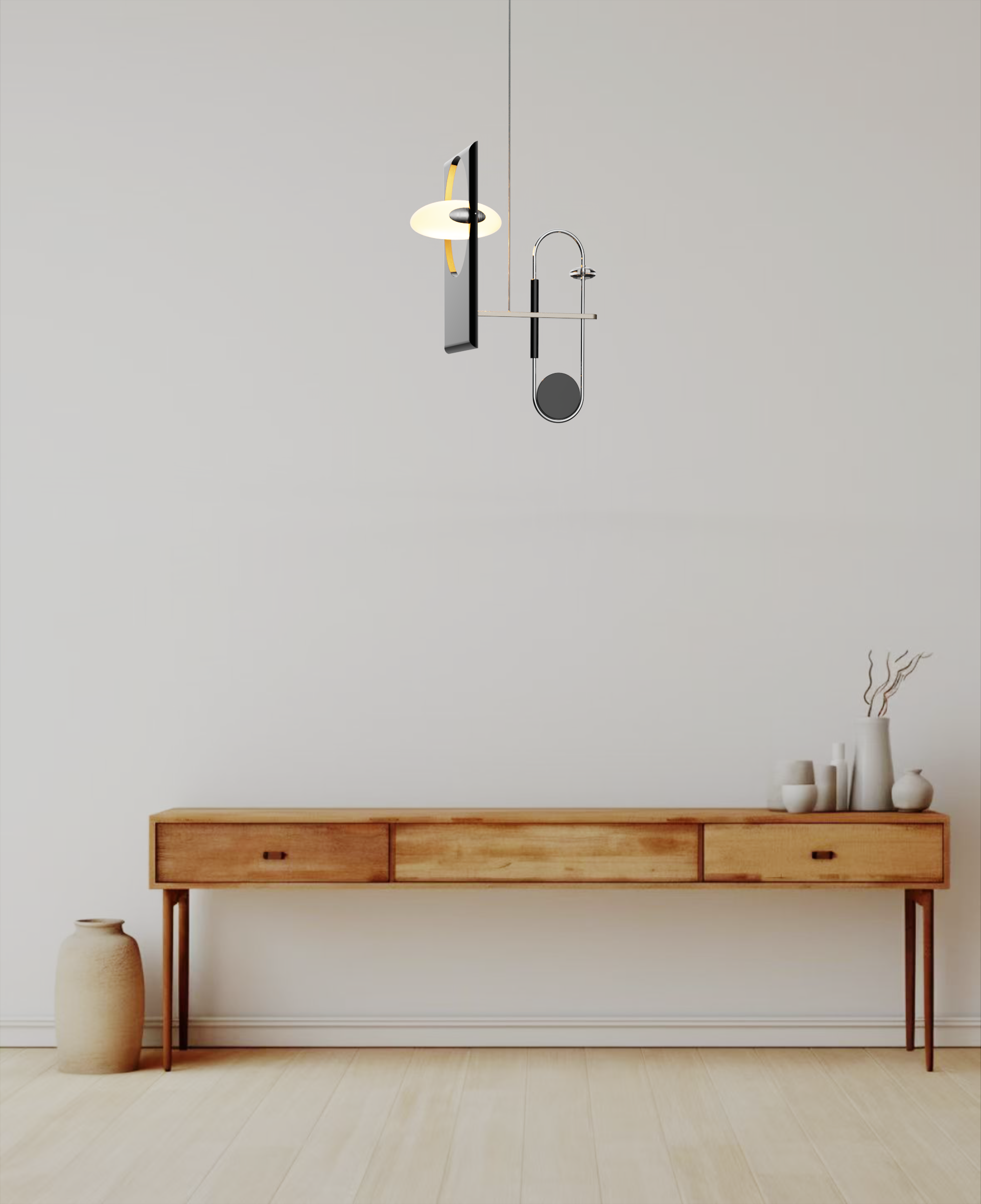 Minimalist wooden sideboard with a large vase on the left and white ceramic vases on the right, against a plain white wall with two simple vases in the bottom right corner.