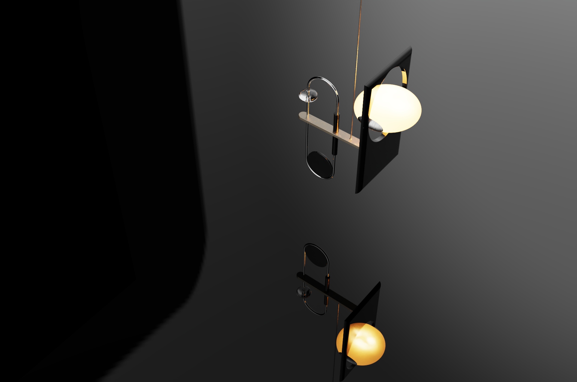 Modern lighting fixture with a round white glass globe and a black and gold frame on a reflective black surface.