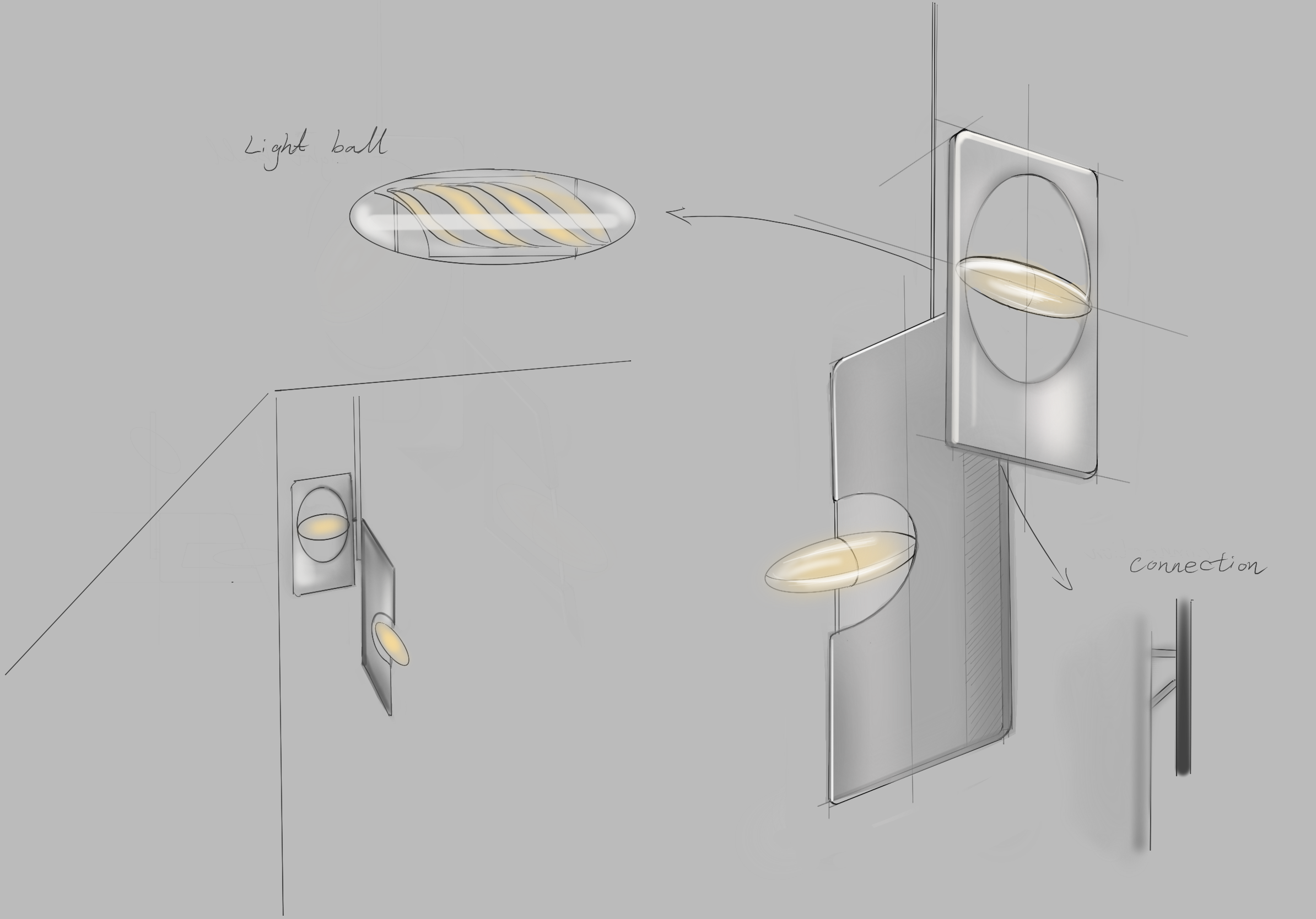 Sketch of a lighting design with labeled fixtures including a light ball, wall-mounted lights, and connected lighting elements.
