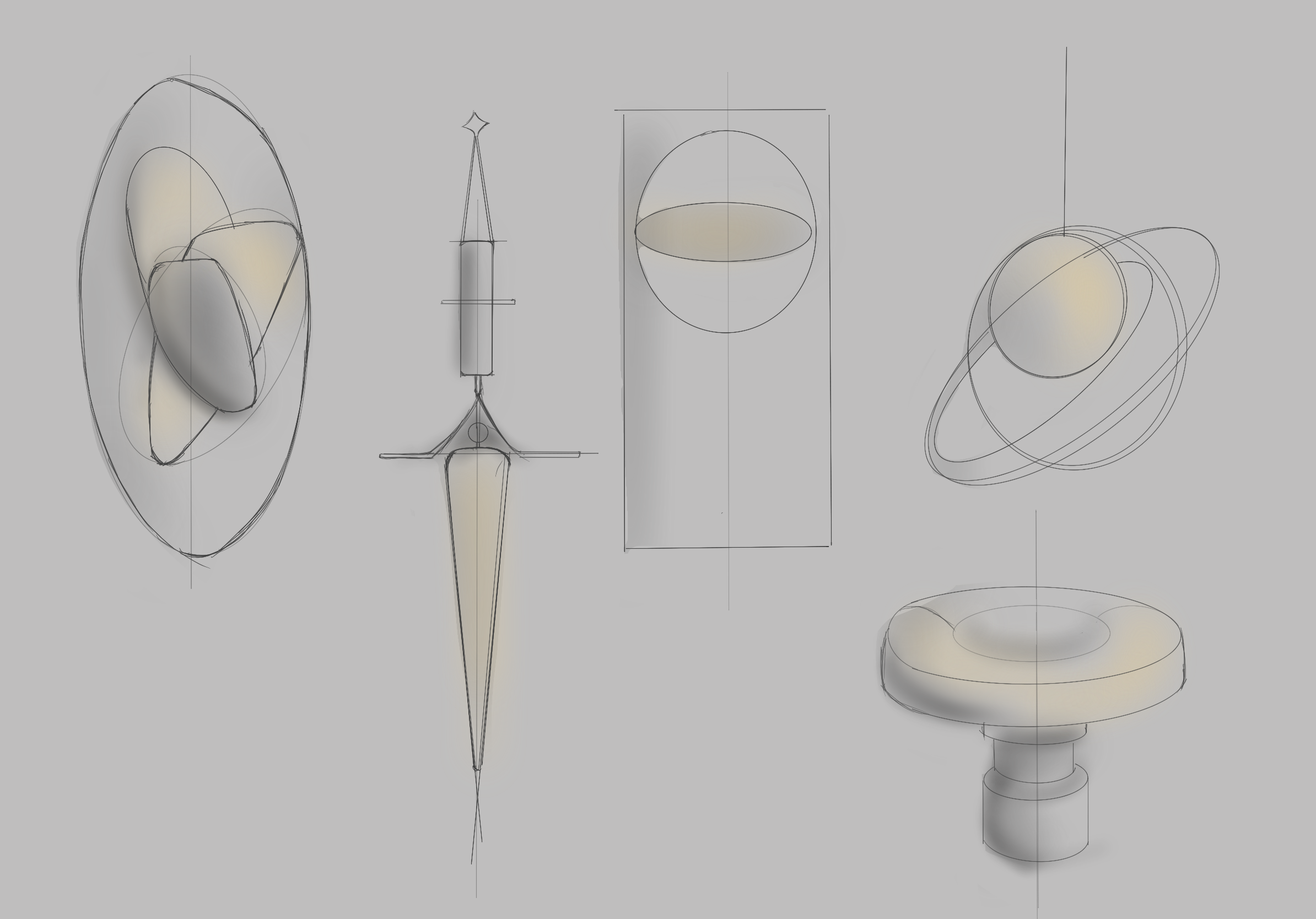 Design sketches of various jewelry pieces including earrings, rings, and a pendant on a gray background.