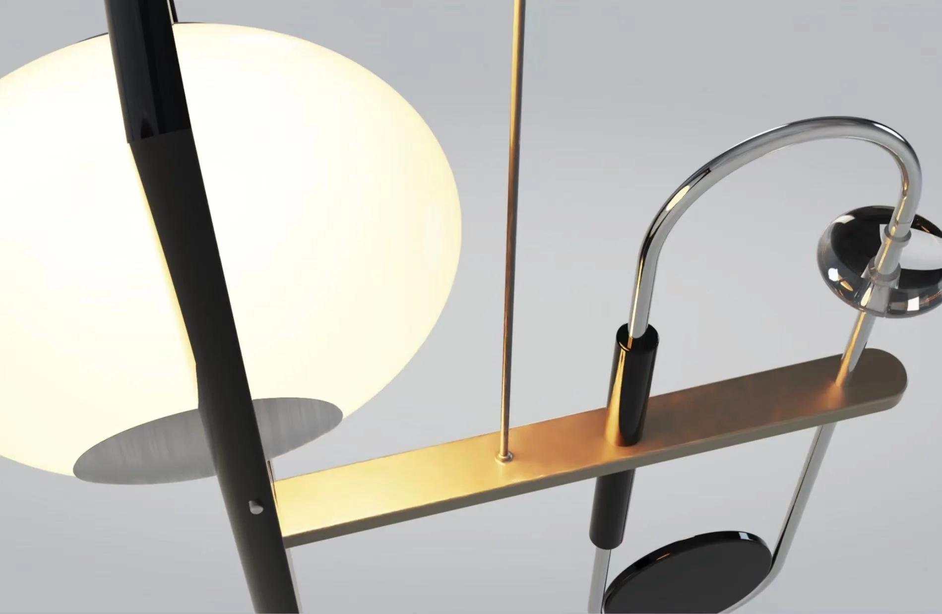 Close-up of modern desk lamp with a round frosted glass shade, black and gold accents, and a metallic adjustable arm on a wooden base.