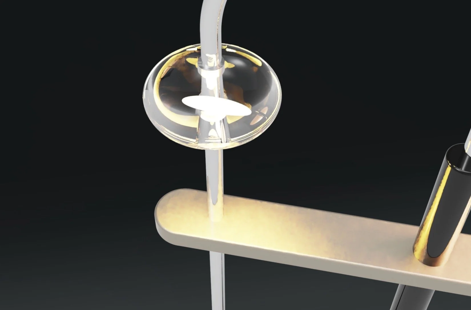 A scientific device with a transparent, round container on a stand, connected to a vertical tube, on a beige surface against a black background.