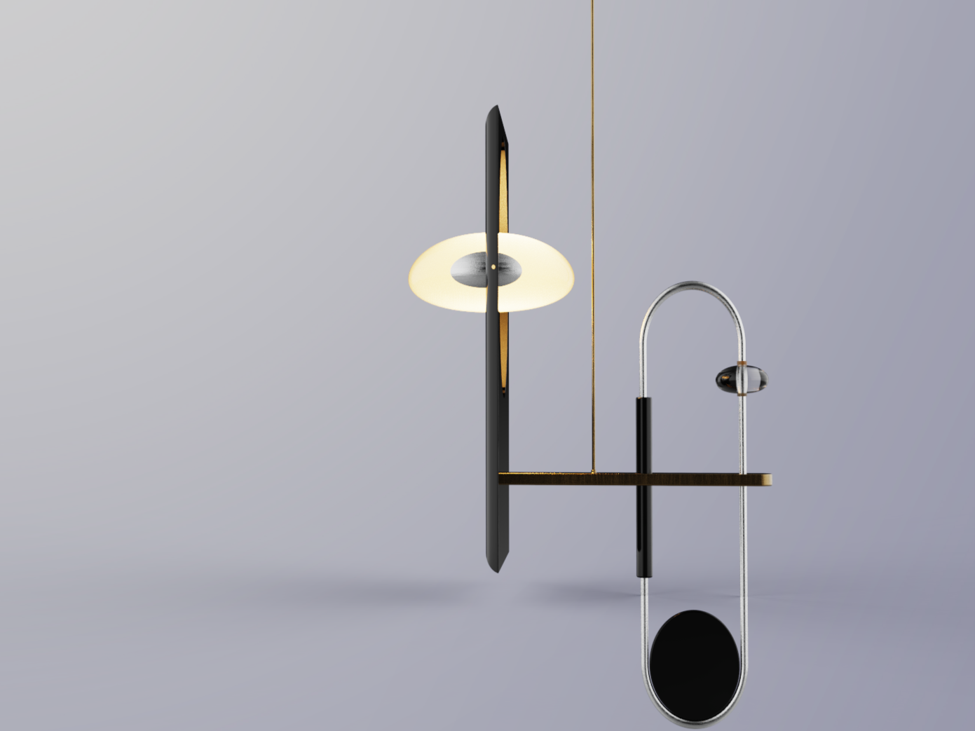 Modern wall-mounted lamp with geometric design, featuring a black vertical panel, a white round light, a gold horizontal bar, a small black and chrome component with a flexible arm, and a black circular base.