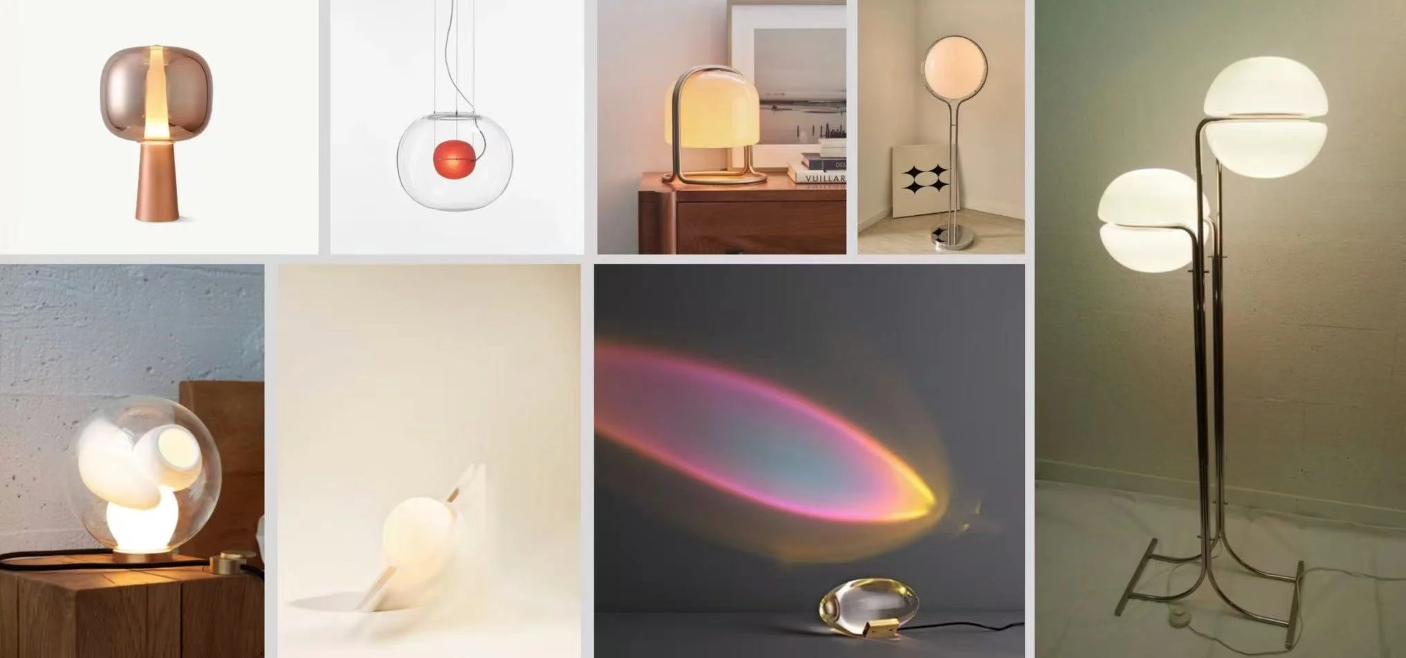 A collage of various modern table and floor lamps with unique designs, some featuring glass or metal materials, glowing or turned off, displayed in different home interior settings.