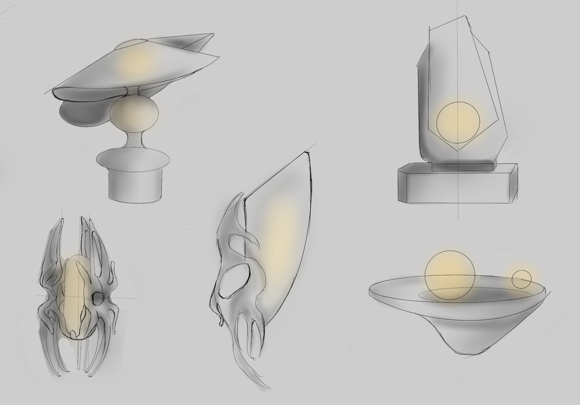 Sketches of objects including a candlestick holder, a clock, a seashell, and a goblet with a sphere, with some objects having soft yellow glow effects.
