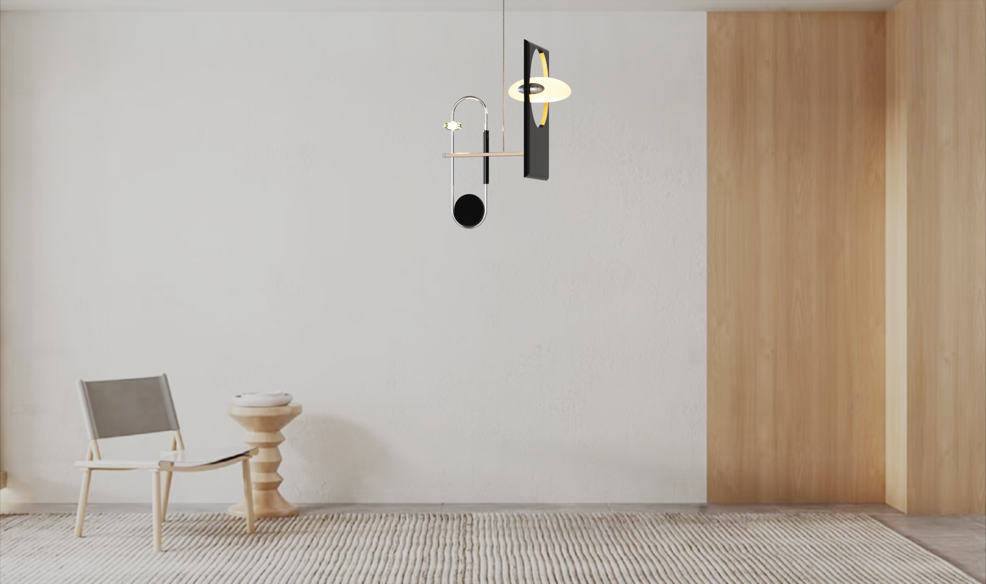 A modern dining room with a wooden chair, a small round wooden side table, a beige rug, a wall-mounted light fixture, and a light-colored wall with a wood panel on one side.