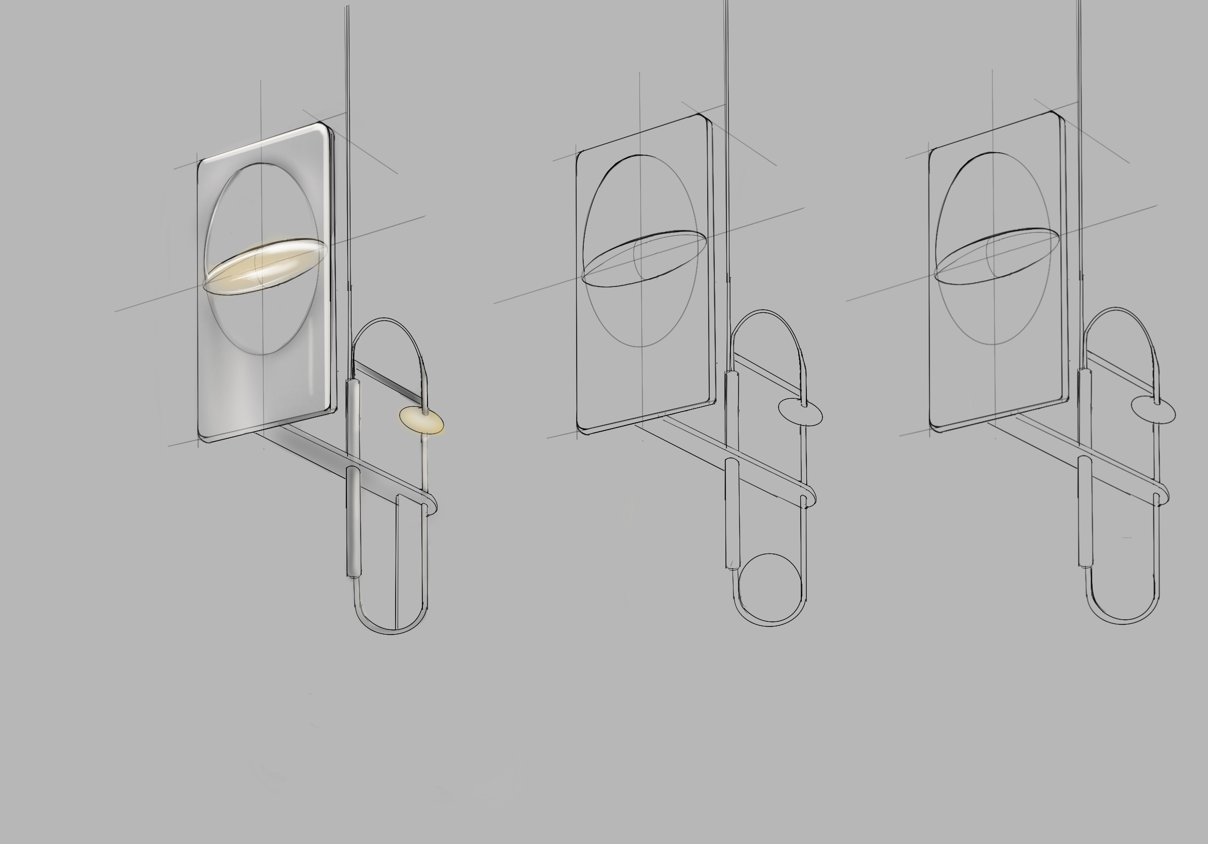 Design sketches of a modern, minimalist ceiling light fixture with a curved, elongated shape, depicted in three stages: detailed rendering, line drawing, and simplified wireframe.