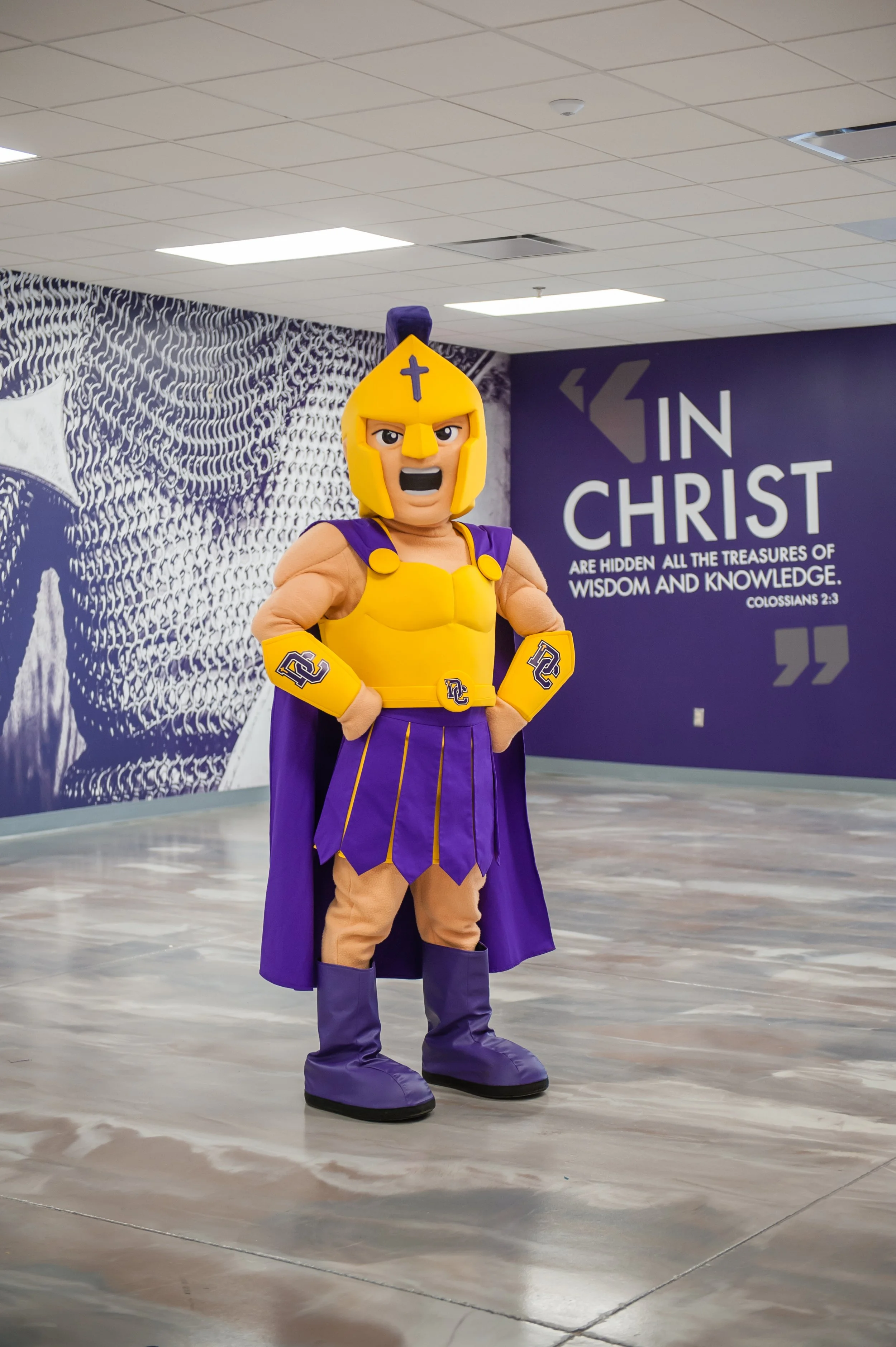 Person dressed as He-Man from Masters of the Universe, wearing a yellow helmet with a purple cross, purple cape, and purple boots, standing with hands on hips in a room with a blue wall that has a quote from Colossians 2:3.
