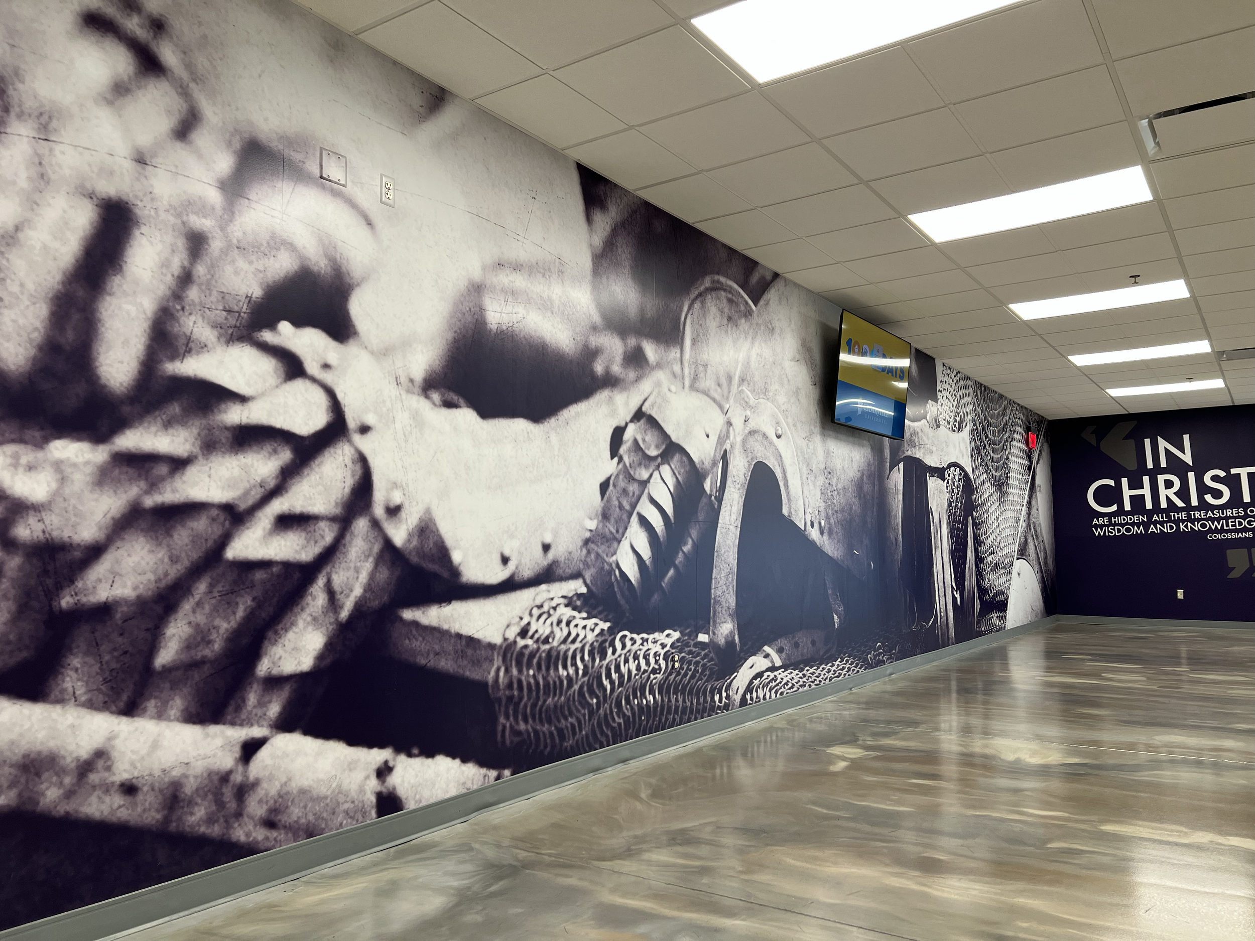 A black and white mural of a close-up of a person's face along with a snake on the wall in a hallway. There is a TV screen on the right side of the image and ceiling lights above.