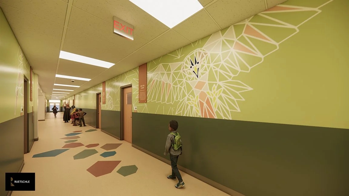 A hallway with colorful geometric patterns on the floor and walls, featuring a large stylized goose or duck decal on the wall. There are children and adults waiting near elevators on the left side of the hallway.