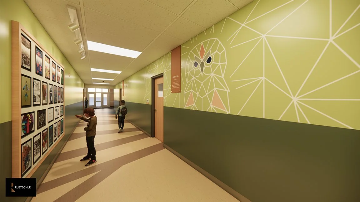 Children observing artwork in a school hallway with green walls and geometric owl mural.
