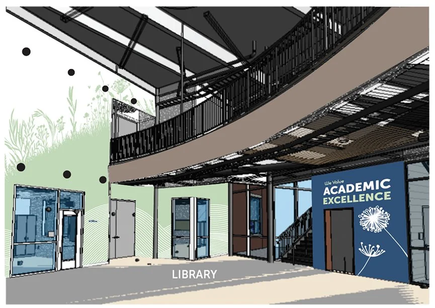 Modern library interior with a green wall, glass doors, a staircase, and a sign that says "We Value Academic Excellence."