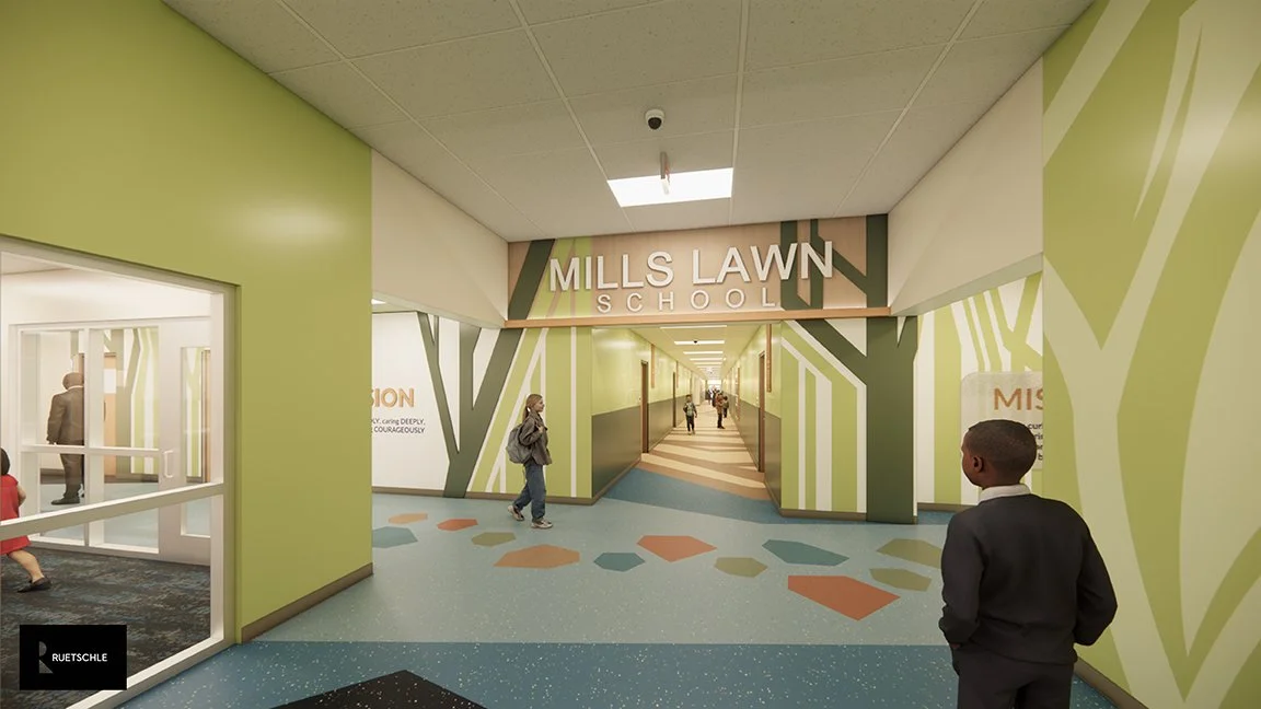 Interior view of Mills Lawn School hallway with green tree-themed mural and children walking.