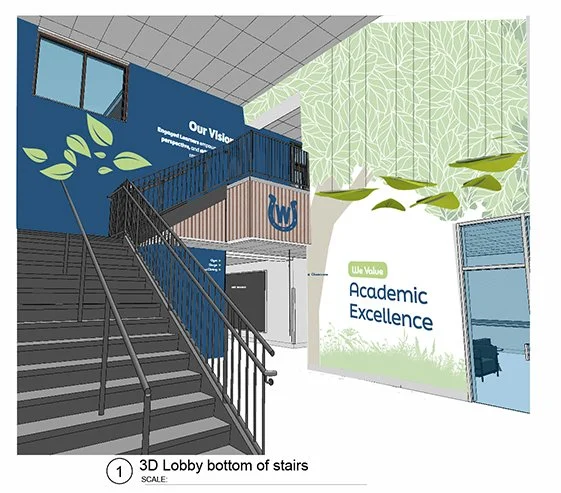 Interior of a building showing a staircase with a black railing, a blue wall with windows, a balcony, and a wall with green leaf-like designs and the words "Our Vision" and "Academic Excellence."