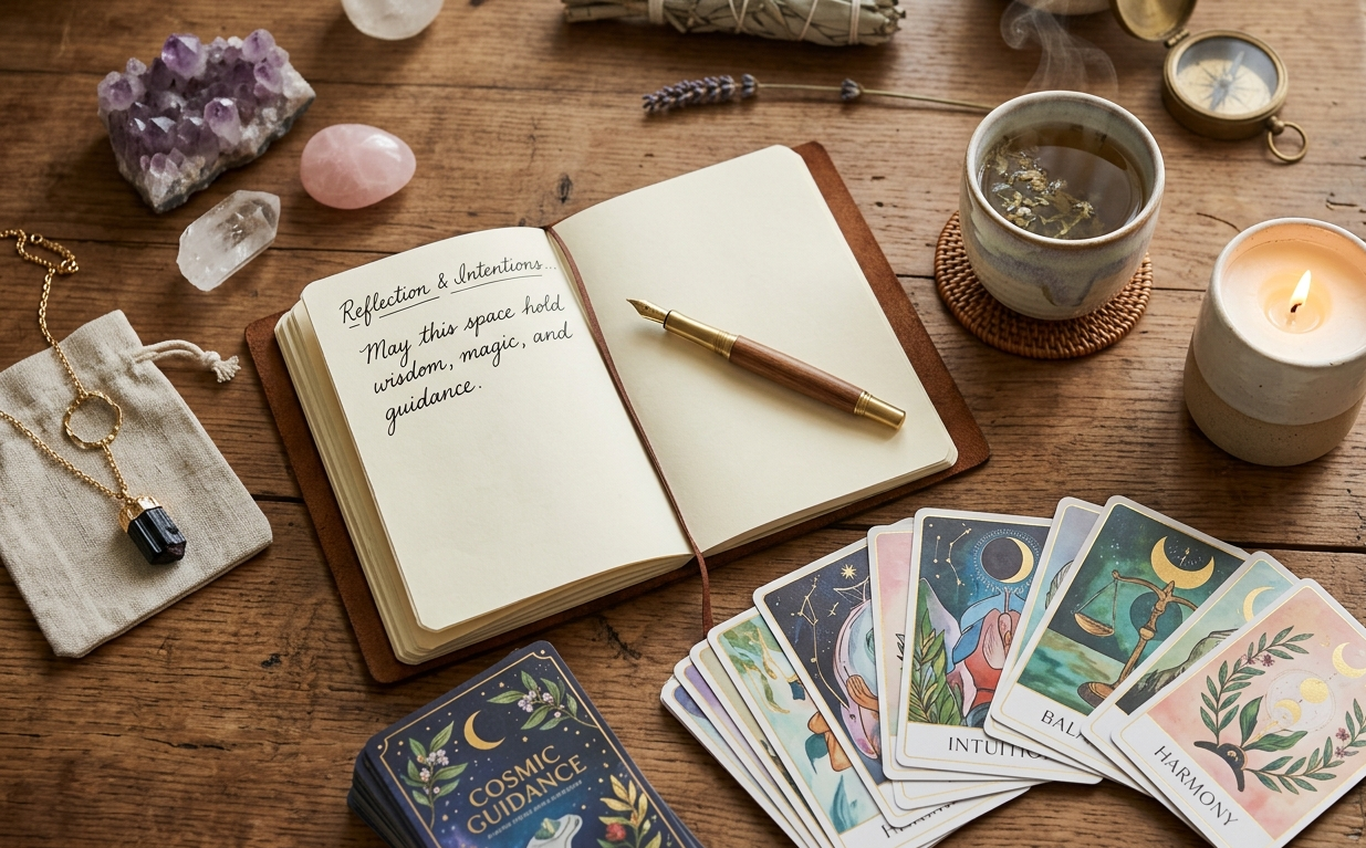 An open journal with the words 'Reflection & Intentions' written on the left page, surrounded by tarot cards, crystals, a cup of tea, a lit candle, a pocket watch, and a necklace on a wooden table.