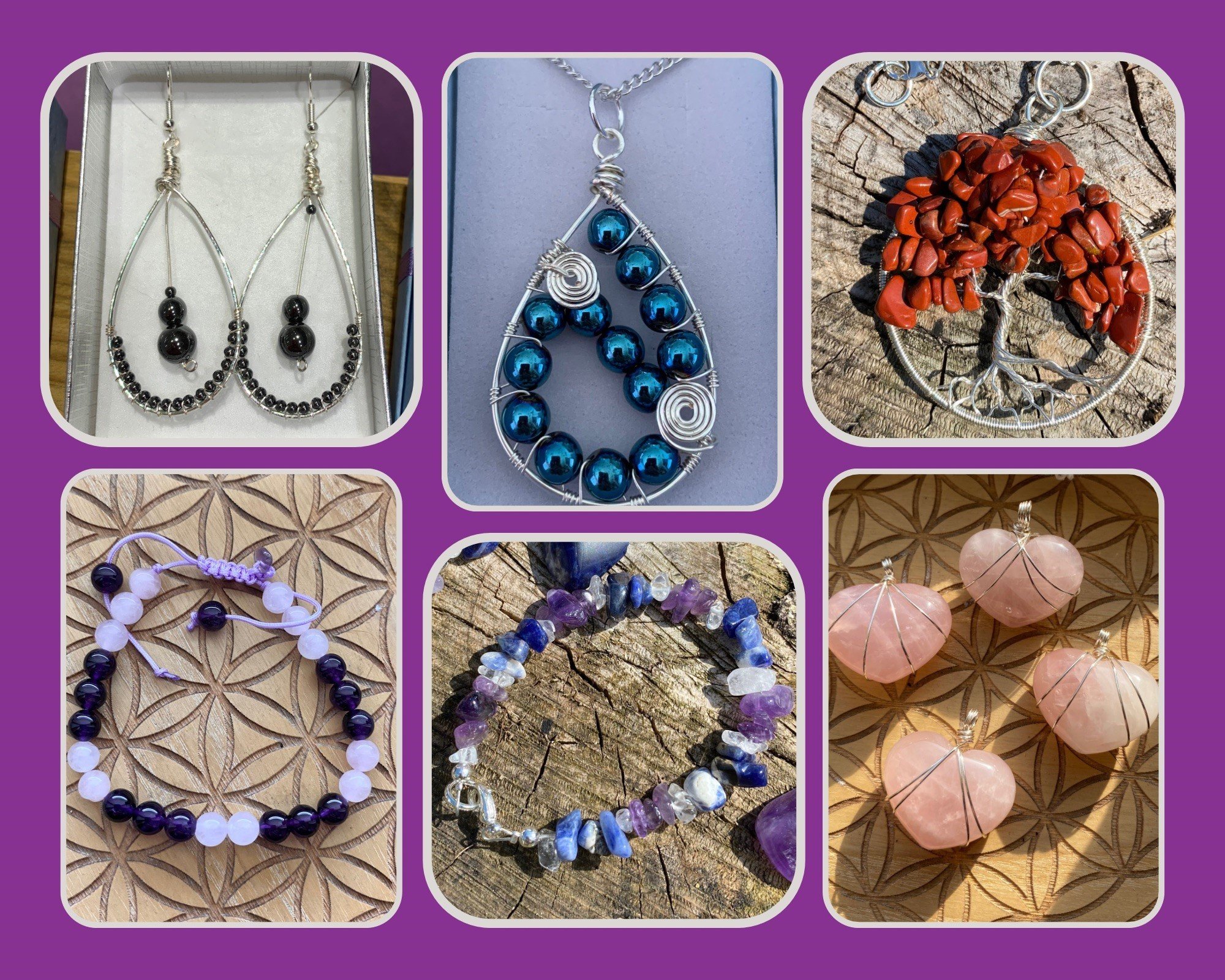 Various jewelry pieces including earrings, necklaces, and a pendant with colorful beads and stones displayed on a purple background.