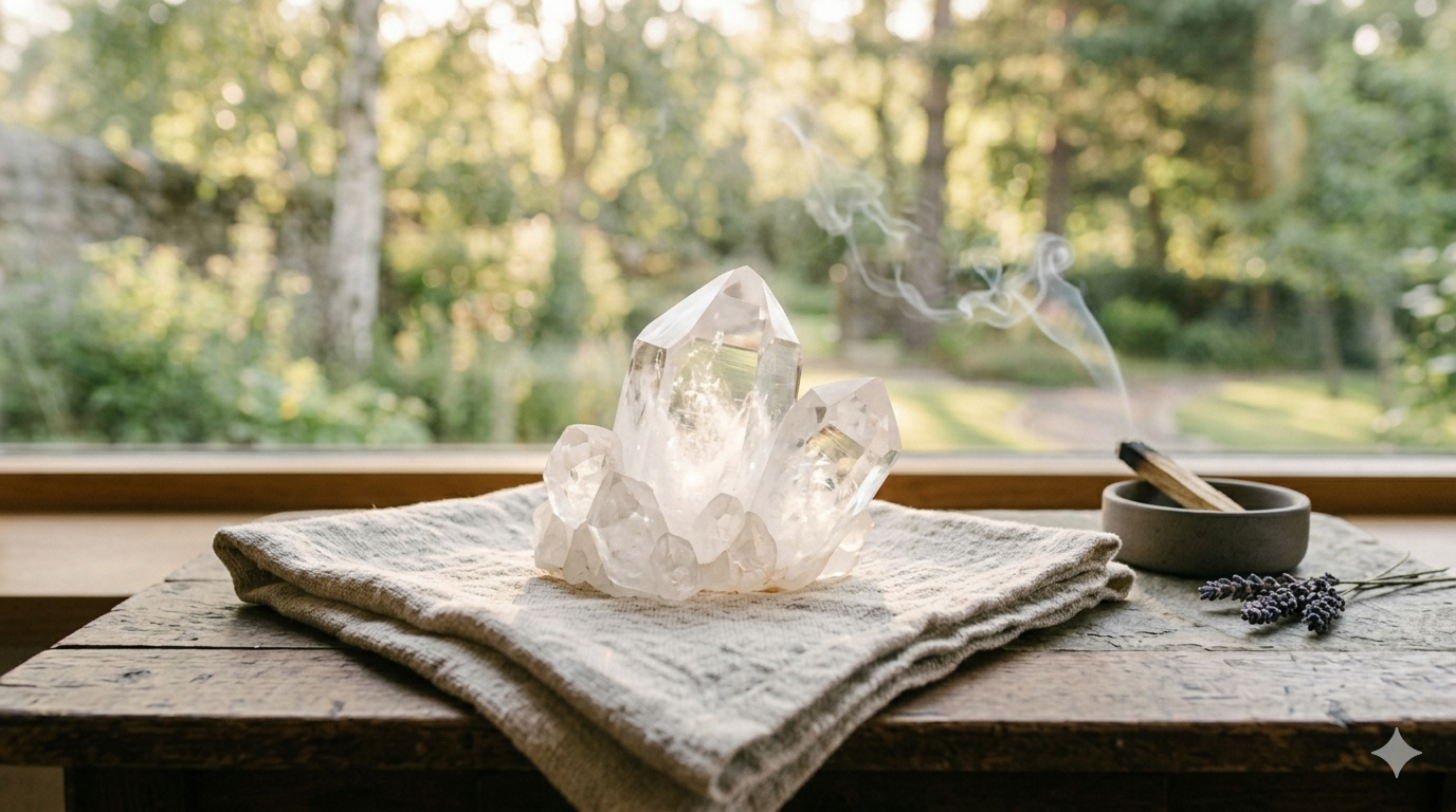 A cluster of clear quartz crystals on a folded white cloth on a wooden table, with a smoldering stick of sage in a gray bowl and sprigs of lavender beside it, against a window with a view of a green, sunlit forest.