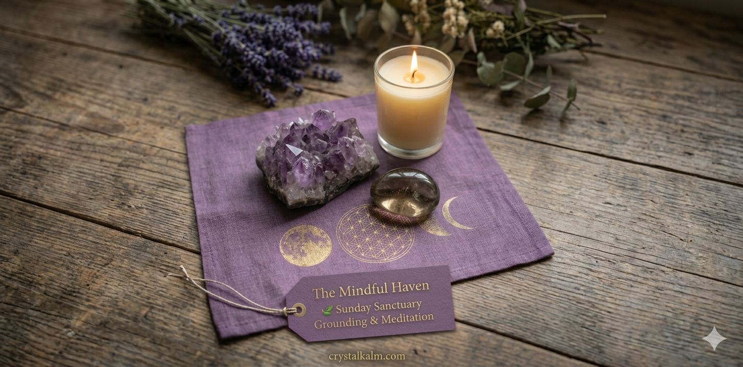A purple cloth with symbols of the moon and geometric patterns, a lit candle, a purple crystal, and a smooth, rounded stone, on a wooden surface. A tag reads "The Mindful Haven, Sunday Sanctuary, Grounding & Meditation."