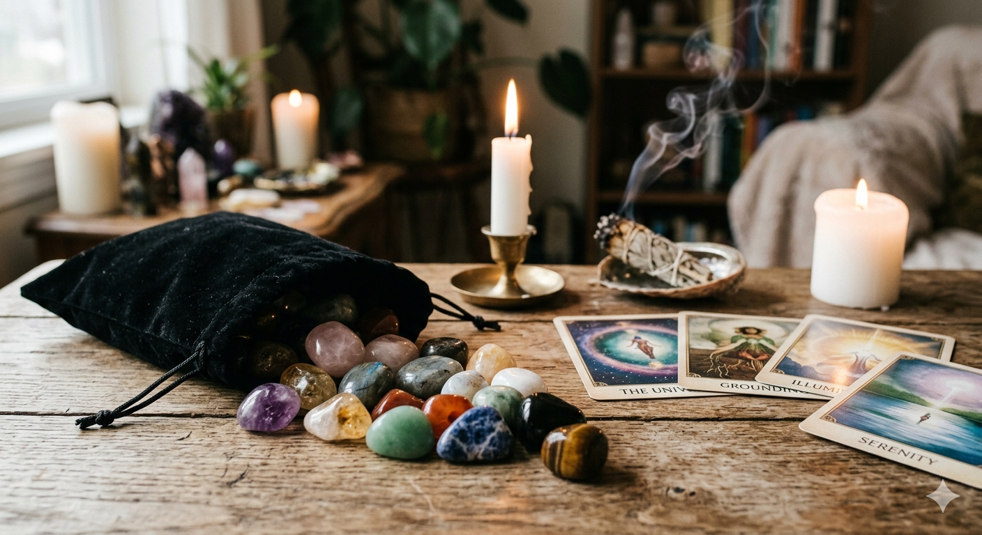 A wooden table with tarot cards, a bag of polished stones, a lit candle, a smoldering sage bundle, and a brass candle holder, with candles and plants in the background.