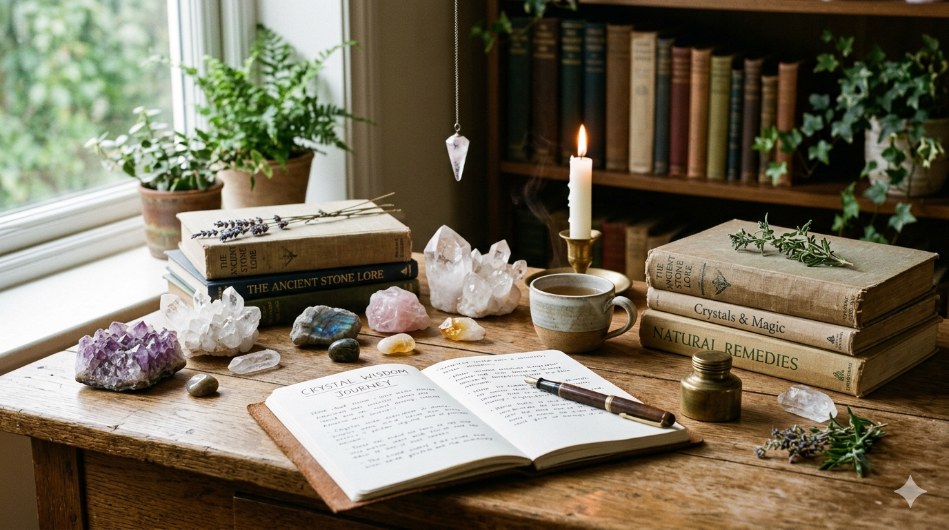 A cozy desk setup with crystals, books, and a candle near a window. The desk has an open notebook, a cup, a pen, and various stones and herbs. Potted plants are on the window sill, and a bookshelf is in the background.