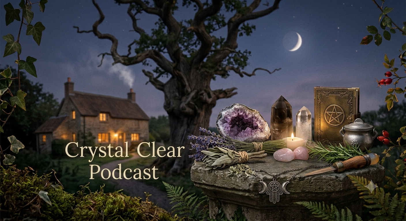 A mystical outdoor scene at night with a large twisted tree, a crescent moon, and stars. In the foreground, a table with crystals, candles, herbs, an ancient-looking book, and various mystical objects. A house with lit windows is visible in the background.