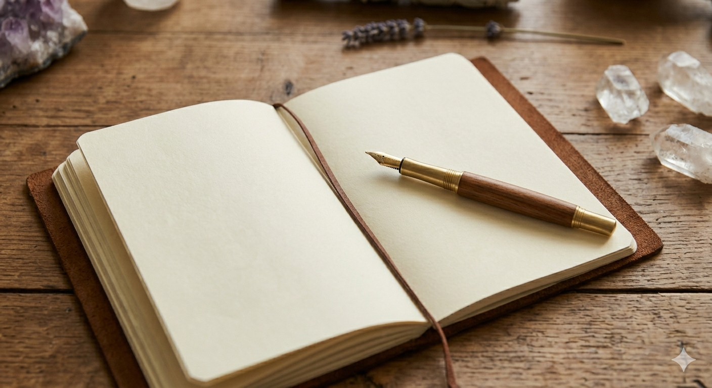 Open blank notebook with a fountain pen resting on it, on a wooden table with crystals and lavender around.