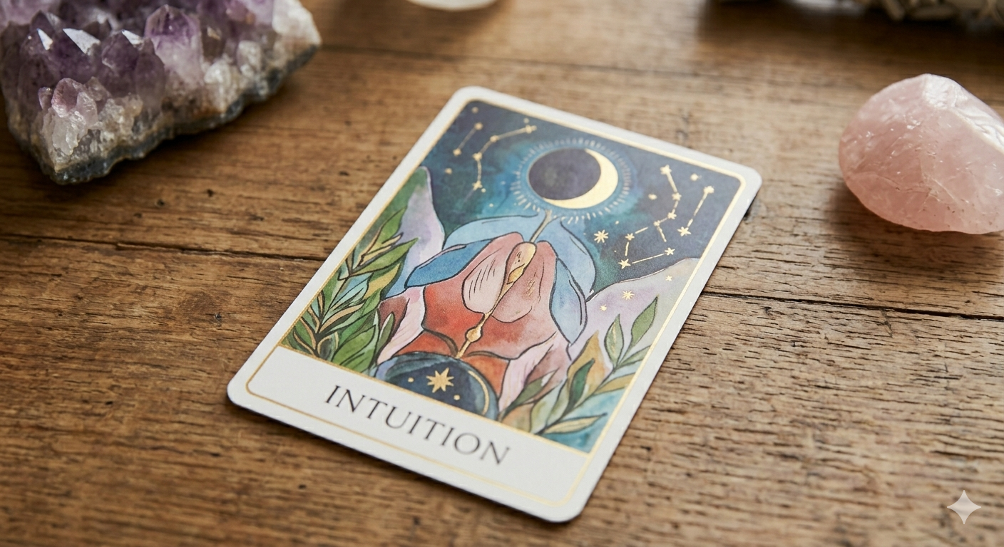A tarot card labeled "Intuition" features a hand holding a crystal ball with stars inside, set against a night sky with a crescent moon and constellations. The card is placed on a wooden surface surrounded by a purple amethyst cluster and a pink rose quartz crystal.