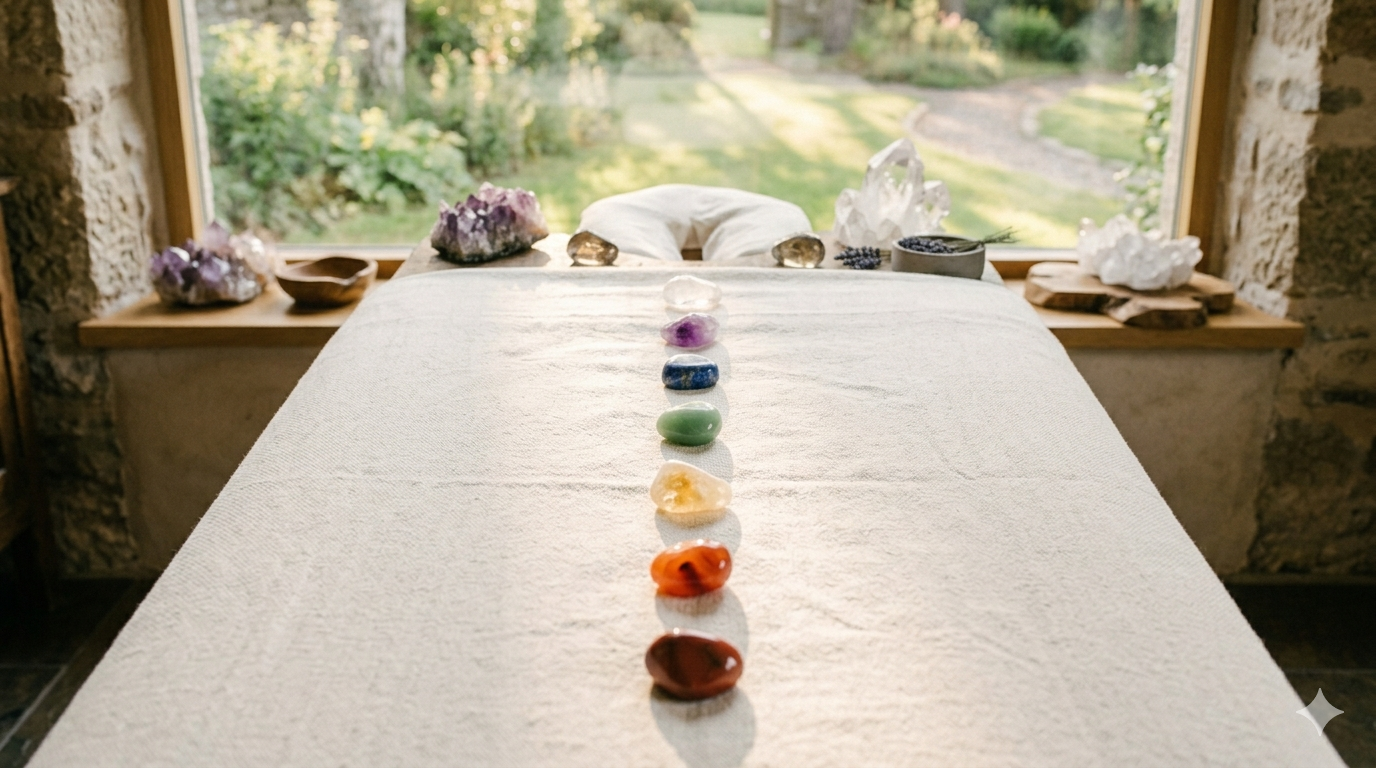 A massage table with a white sheet set up in a room with a window view of greenery outside. Various crystals and stones are placed on the windowsill and on the table, including a row of colorful polished stones arranged in a line down the center of the table.