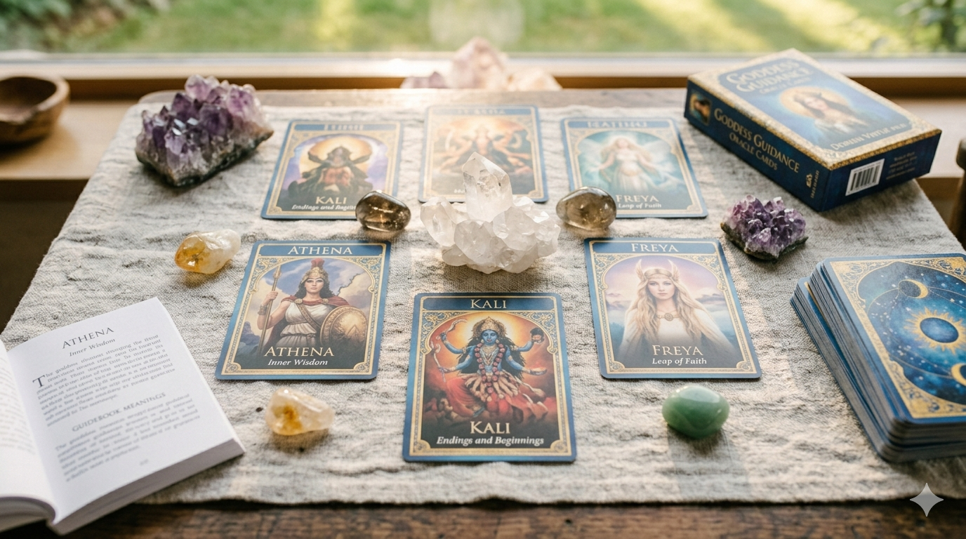 Tarot cards with goddess images, crystals, and stones on a cloth, with a booklet titled 'ATHENA Inner Wisdom' and a box labeled 'Goddess Guidance Oracle Cards' on a table near a window.
