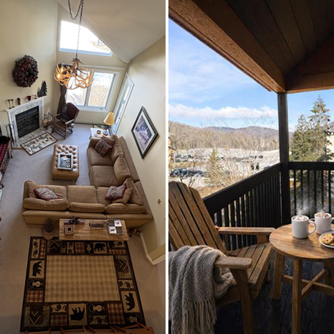 A cozy living room with a tan sectional sofa, fireplace, and windows, and a balcony with outdoor seating and a scenic mountain view.