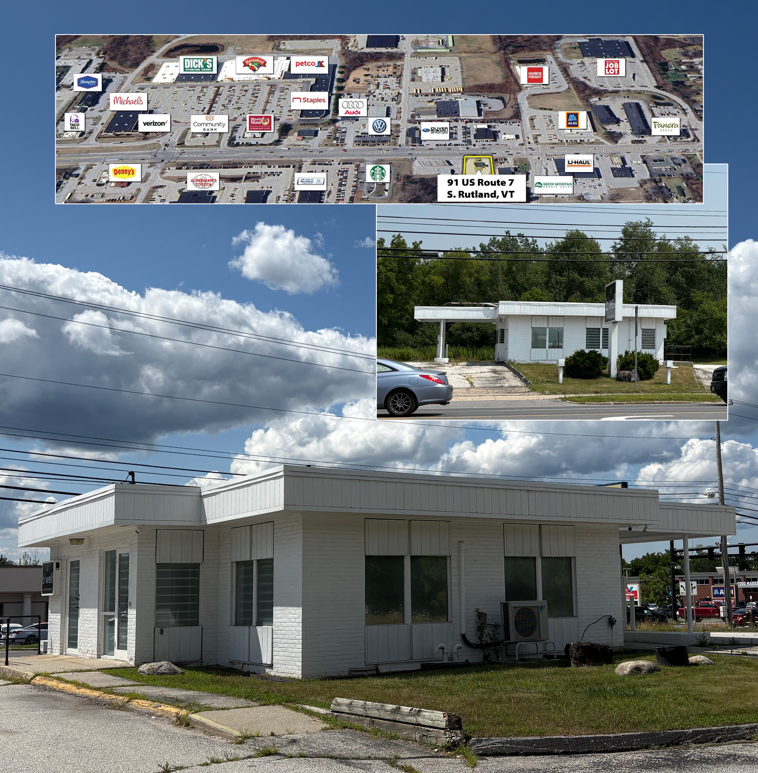 A white, two-story commercial building with large windows, situated on a street corner with a parking lot and cars. The sky above is partly cloudy with blue sky visible.