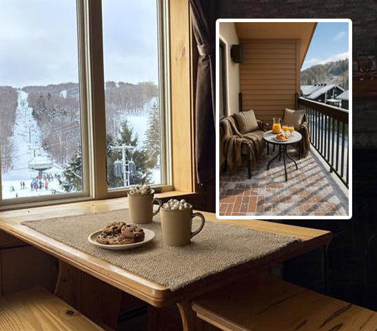 A breakfast table with two mugs and cookies, outside view of snowy hills with ski lifts, and a cozy balcony with seating and a drink.