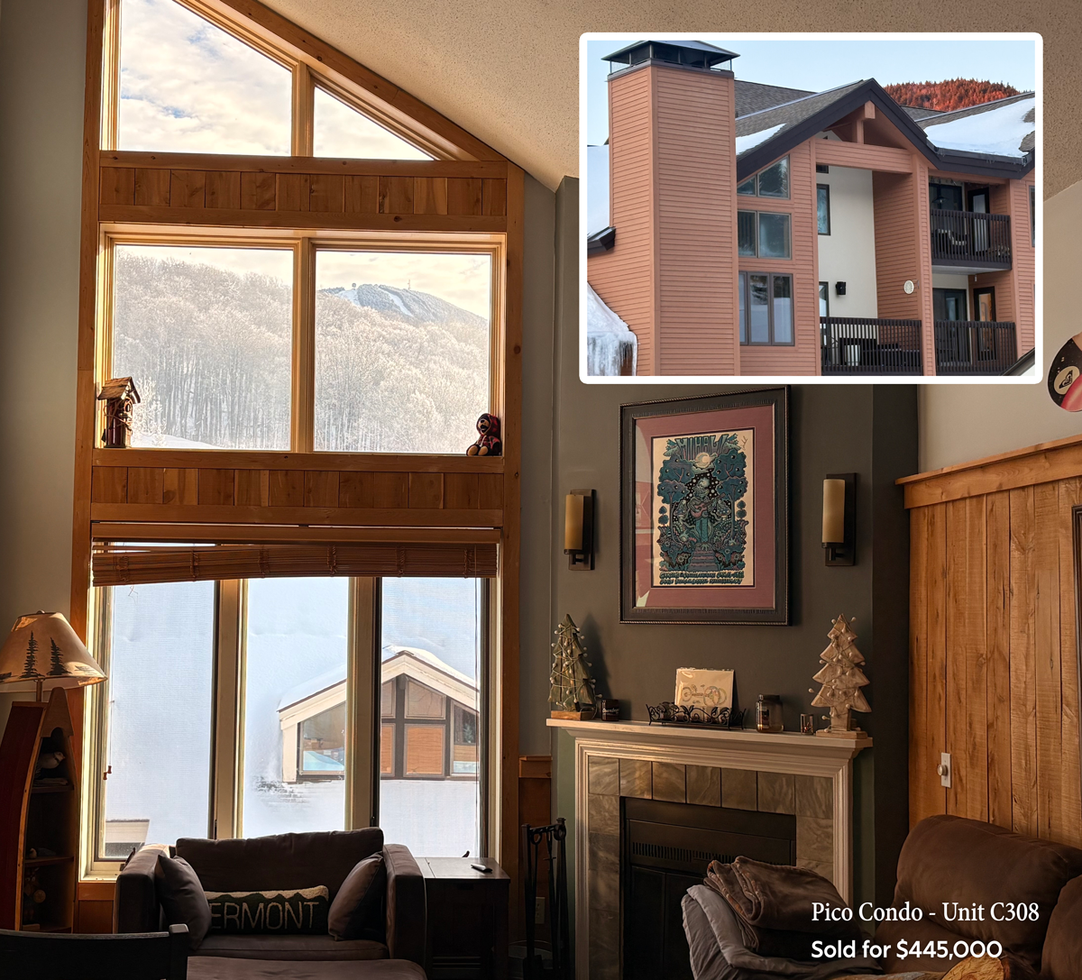Interior of a condo with large multi-pane windows showing a snowy mountain view outside. Decor includes a couch, fireplace, framed artwork, and Christmas decorations. An inset shows an exterior view of a wooden condo building with balconies and snow on the roof.
