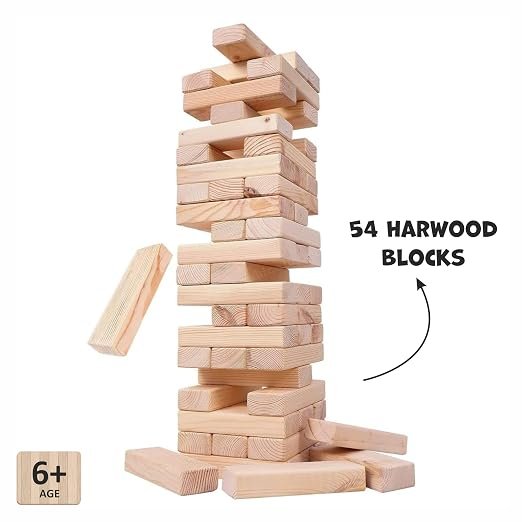 Stacking Tower – 54 Wooden Pieces, Classic Stacking & Balance Game for Kids & Adults, Fun for Family, Parties & Group Entertainment